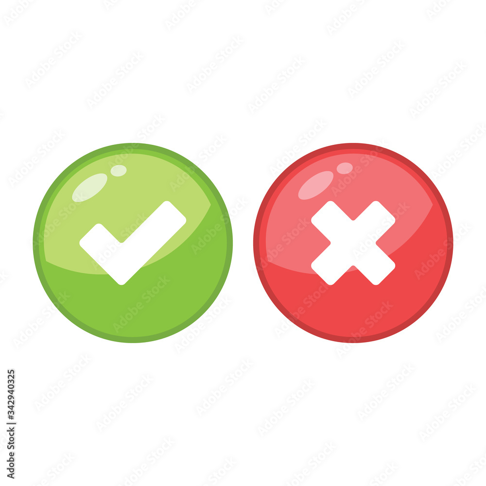 Tick and cross signs. Green checkmark and red X icons, isolated on white background. Tick and cross signs. Green checkmark and red X icons, isolated on white background.