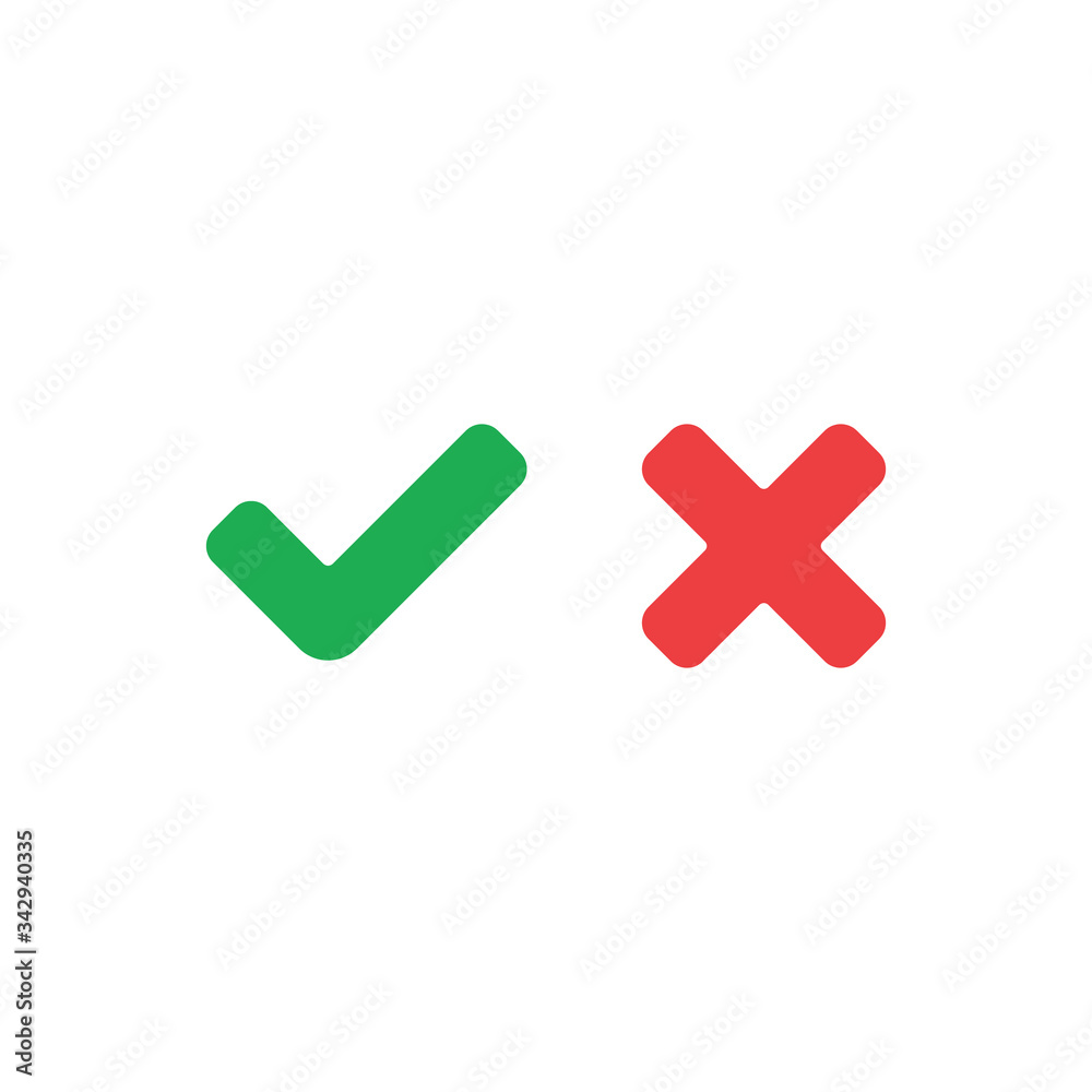 Tick and cross signs. Green checkmark and red X icons, isolated on white background. Tick and cross signs. Green checkmark and red X icons, isolated on white background.