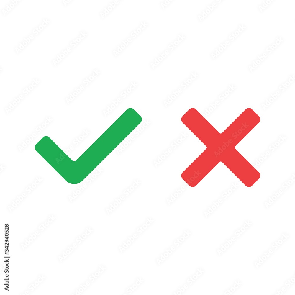 Tick and cross signs. Green checkmark and red X icons, isolated on white background. Tick and cross signs. Green checkmark and red X icons, isolated on white background.