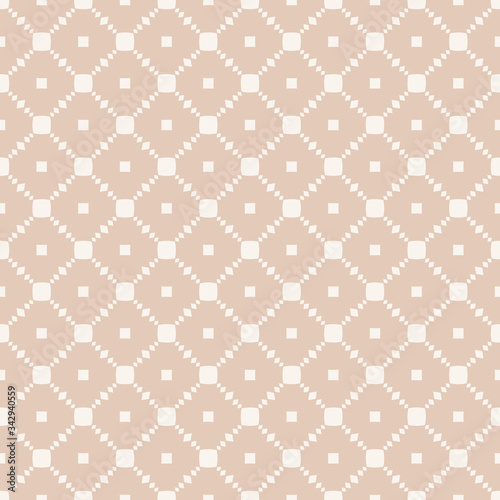 Subtle vector geometric seamless pattern with small elements, squares, rhombuses, grid. Abstract minimalist texture in beige and white color. Elegant minimalist background. Decorative repeated design