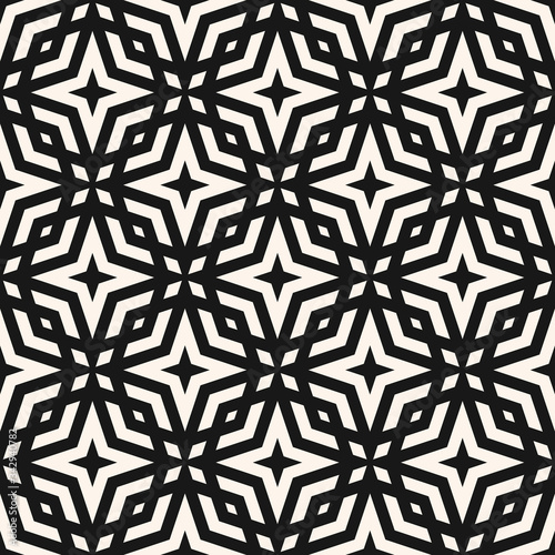 Abstract vector geometric seamless pattern. Simple black and white ornamental texture with diamond shapes, stars, octagons, grid, net, mesh, lattice. Monochrome ornament background. Repeatable design