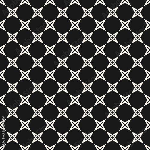 Vector monochrome geometric seamless pattern with small crosses  abstract flowers  grid. Simple black and white minimalist texture. Modern minimal background. Dark repeat design for decor  wallpapers