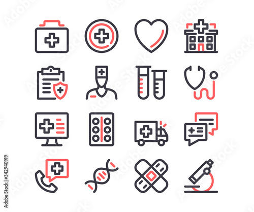 Medical line icons set. Healthcare, medicine, health and medical care concepts. Modern outline symbols. Simple thin stroke design linear graphic elements. Red and black colors. Vector line icons