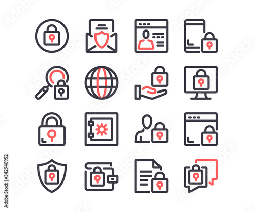 Internet security line icons set. Cybersecurity, data protection, privacy concepts. Modern outline symbols. Simple thin stroke design linear graphic elements. Red and black colors. Vector line icons