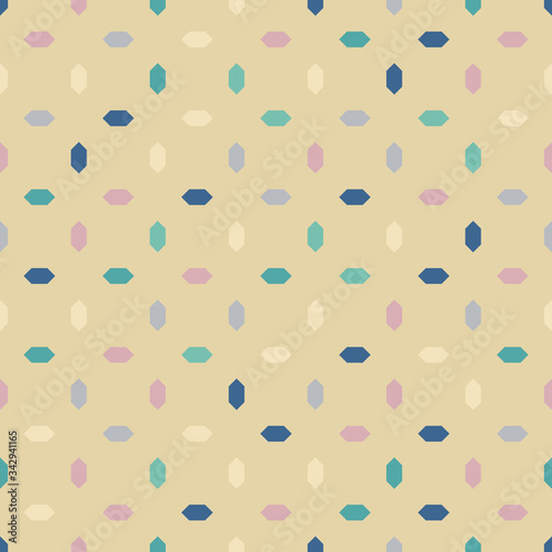 Vector geometric seamless pattern with diamonds, rhombuses, small colorful elements. Simple abstract minimal ornament. Cute funky background texture in pastel colors. Repeat design for print, decor