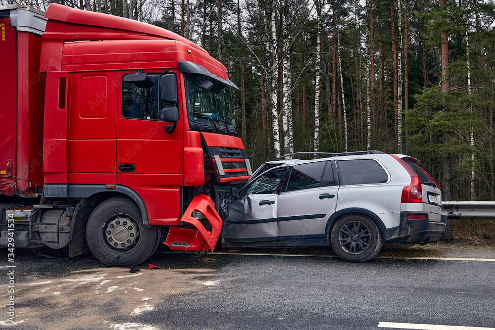 Car after a collision with a heavy truck