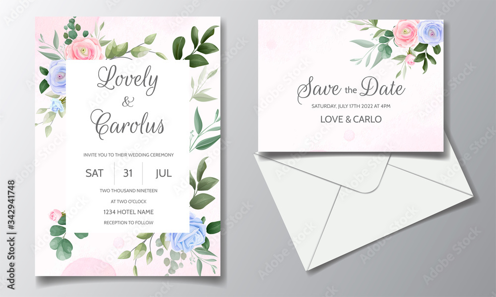 Fototapeta premium Elegant wedding invitation card template set with beautiful roses and green leaves
