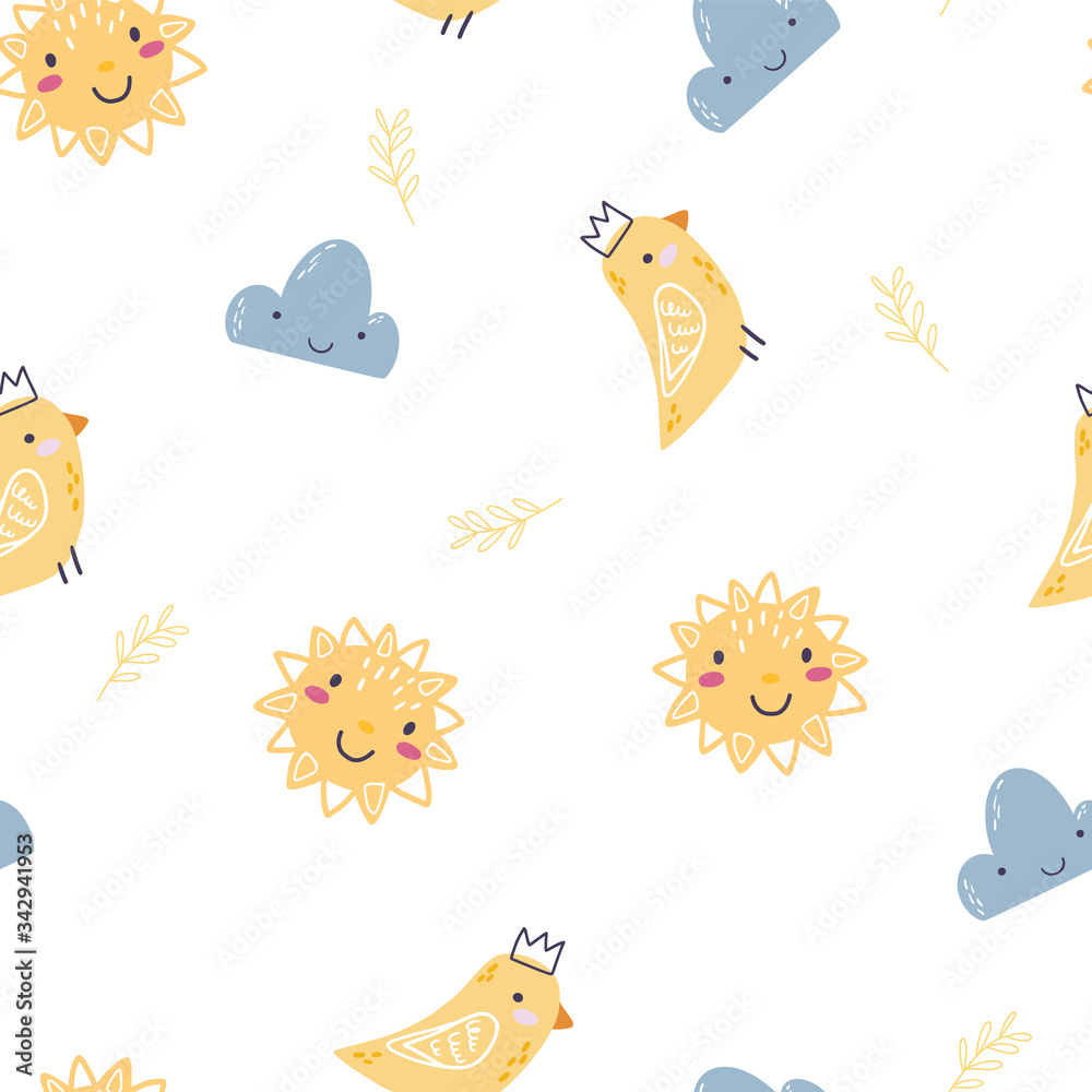 Cute pattern with cartoon sun, bird and clouds. Cute pattern with cartoon sun, bird and clouds.