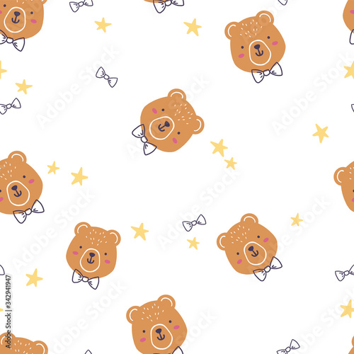 Pattern with cartoon bear in bow tie, stars and rainbow for cute textile, wrapping paper or other products.