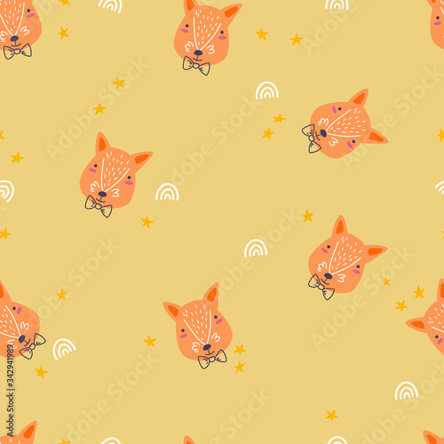 Pattern with a foxy in a bow tie on a cheerful orange background