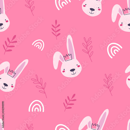 Cute pattern with rabbit princess character and floral ornament around, for cozy fabric, wrapping paper and other things.