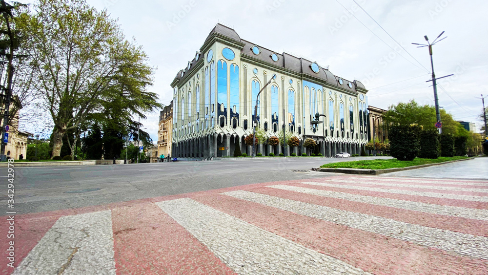 TBILISI, GEORGIA - APRIL 21, 2020: Empty Tbilisi, Street is normally gridlocked with shoppers and traffic. TBILISI, GEORGIA - APRIL 21, 2020: Empty Tbilisi, Street is normally gridlocked with shoppers and traffic.
