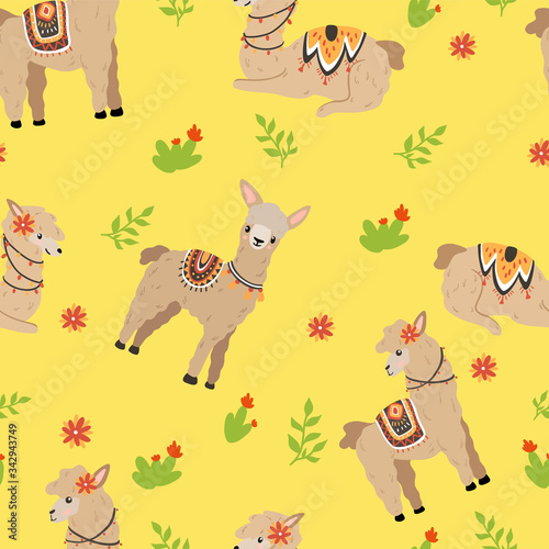Cute pattern with llama on a yellow background with floral elements