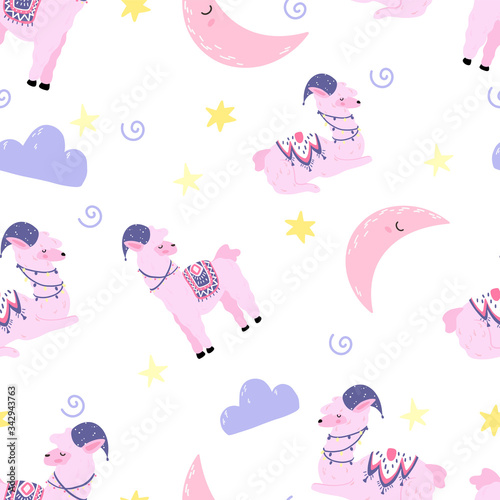 A cozy patten with a llama and nightly elements - a month and stars.