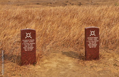 The grave stones mark the final resting place of 2 Cheyenne warriors who fought in the Little Big Horn Battle