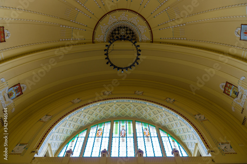 Prague. Czech Republic. Dome of the Art Nouveau style in the main railway station.