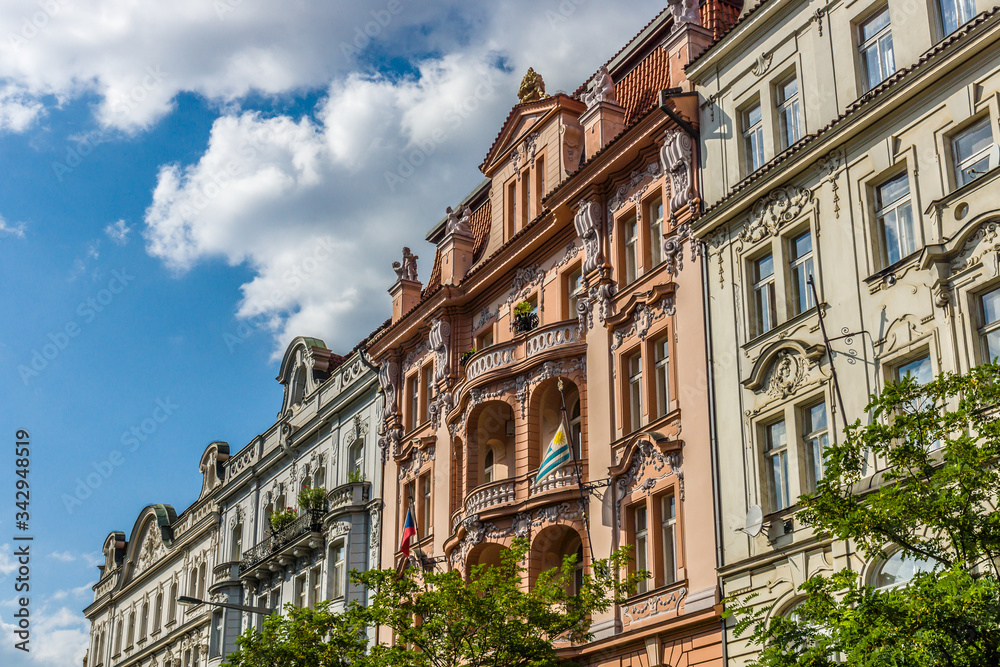 The beautiful facade of the old building. Stylization. Toning. Prague. Czech Republic.