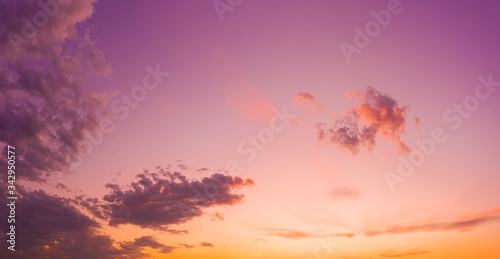 Panorama of sky. Orange blue and violet color sunset sky background