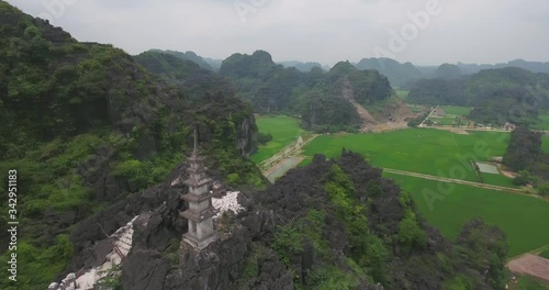 Aerial view of Tam Coc Bich Dong, part of the Trang An Scenic Landscape Complex UNESCO World Heritage site, Ninh Binh. Tam Coc is a flooded cave karst system, Bich Dong is a series of moutain pagodas photo