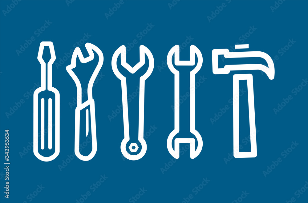 Wrench Spanner Screwdriver And Hammer Line Blue Icon On White Background. Blue Flat Style Vector Wrench Spanner Screwdriver And Hammer Line Blue Icon On White Background. Blue Flat Style Vector
