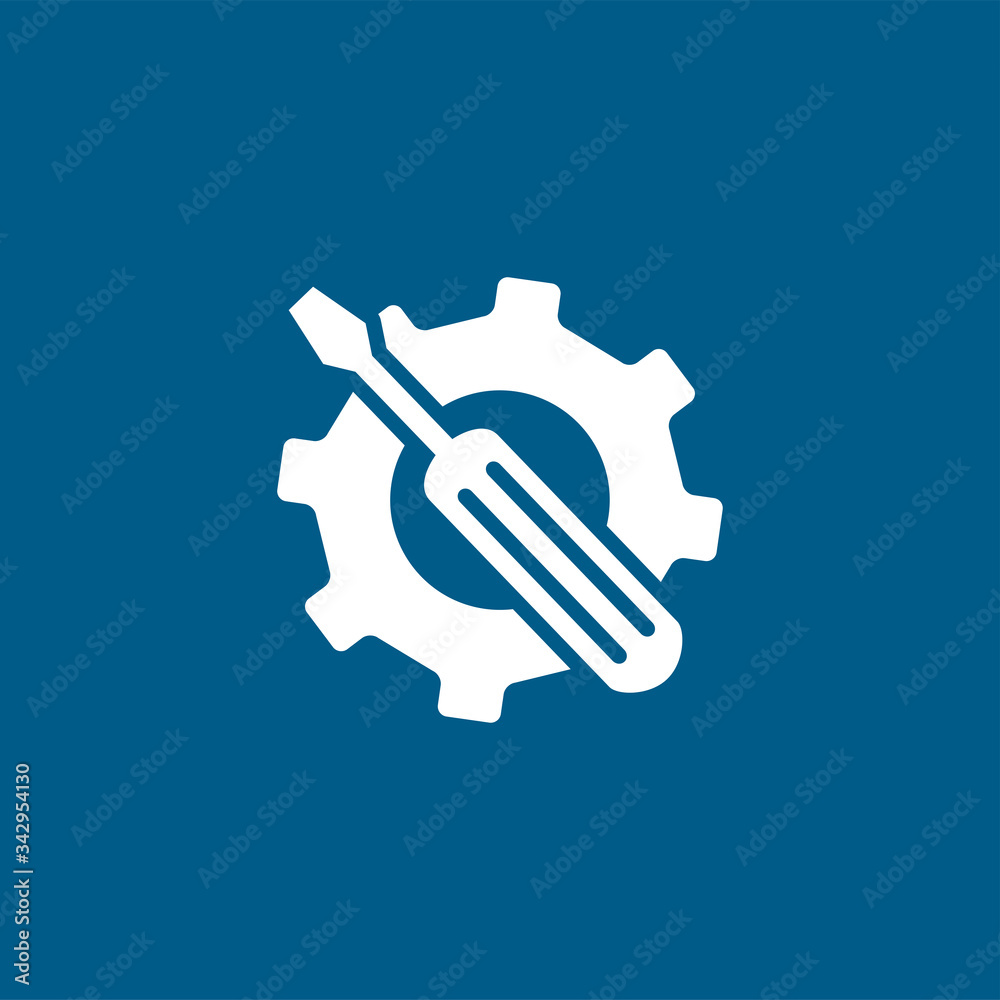 Service Tools Blue Icon On White Background. Blue Gear Wheel & Hammer Flat Style Vector Illustration Service Tools Blue Icon On White Background. Blue Gear Wheel & Hammer Flat Style Vector Illustration