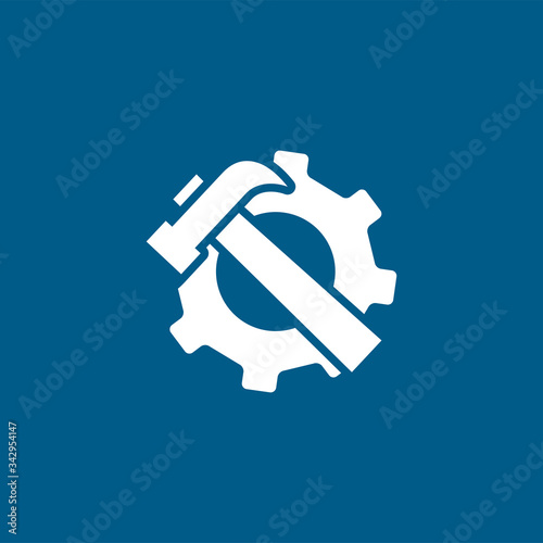 Service Tools Blue Icon On White Background. Blue Gear Wheel & Hammer Flat Style Vector Illustration