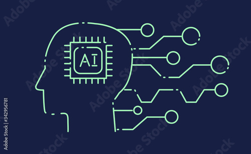 Head with circuit elements on dark background.The analytical system, Neural networks and artificial intelligence concept. Simple line art style vector illustration for logotype or cover. 