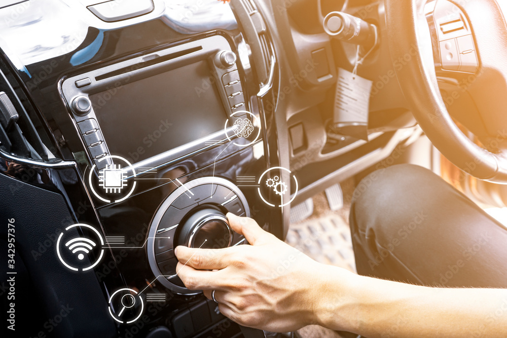 touching interaction car dashboard screen, car interior, controlling