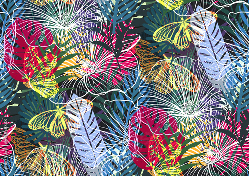 Seamless pattern with trendy tropical summer motifs, butterflies, exotic flowers, leaves and plants.
