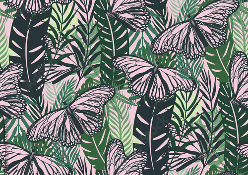 Seamless pattern with trendy tropical summer motifs, pink butterflies, exotic leaves and plants.