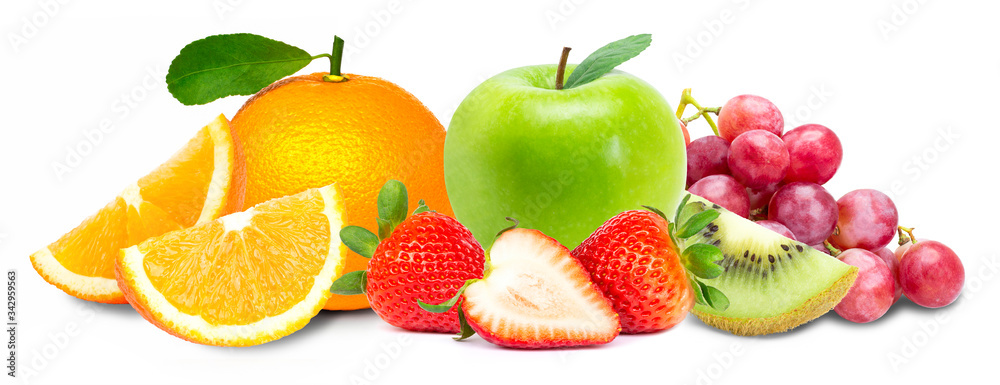 Pile of various types of fresh organic fruits ( red berry strawberry, green apple, kiwi slice, orange and grapes fruit ) isolated on white background. Healthy food boost immunity system concept.