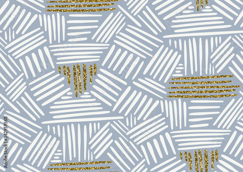 Vector seamless pattern with hand drawn gold glitter textured brush strokes and stripes hand painted. photo
