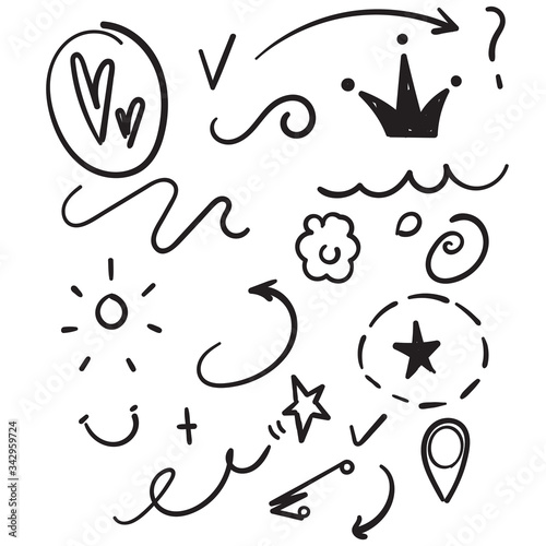 Decoration for your texts and photos with hand drawn elements.Swoops, emphasis doodles. Highlight text elements, calligraphy swirl, tail, flower, heart, graffiti, and crown. doodle cartoon.