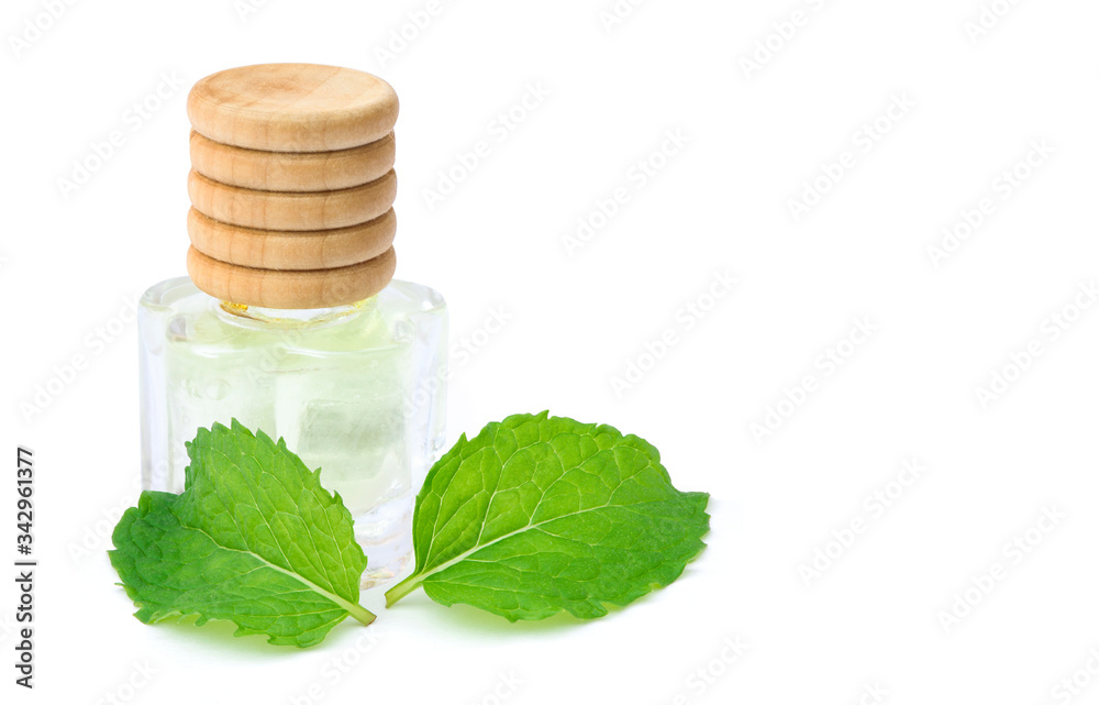 Closeup fresh green mint (spearmint) leaves with small glass bottle of peppermint essential oil extracted isolated isolated on white background. Natural herbal medical aromatic plant concept. Closeup fresh green mint (spearmint) leaves with small glass bottle of peppermint essential oil extracted isolated isolated on white background. Natural herbal medical aromatic plant concept.
