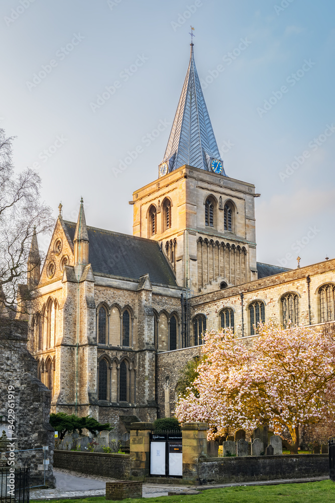 Obraz premium Rochester, United Kingdom - March 28, 2020: Rochester Cathedral Church of Christ and the Blessed Virgin Mary in Kent is the second oldest in England. Founded in 640.