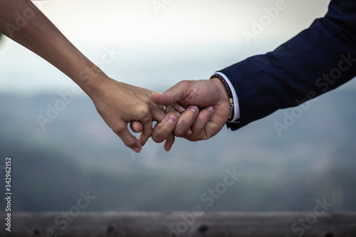 Leinwand Poster Recién casados se cogen de la mano