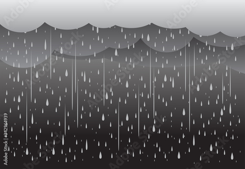 Heavy rain in dark sky, rainy season, clouds and storm, weather nature background, Flood natural disaster, vector illustration. 