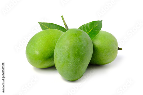 Fresh green mango fruit and leaf isolated on white background