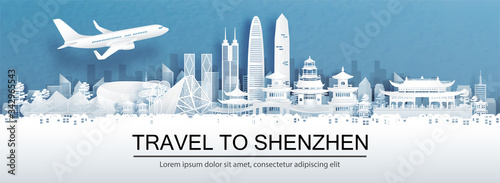 Travel advertising with travel to Shenzhen, China concept with panorama view of city skyline and world famous landmarks in paper cut style vector illustration.
