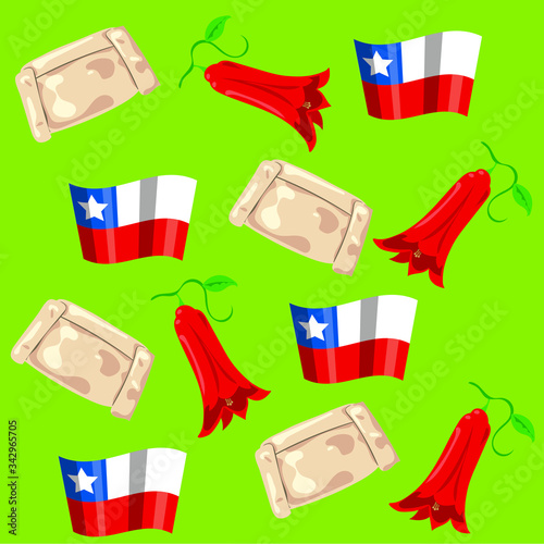Paterno chileno. Motivos del país Chile. Una empanada, un copihue y una bandera