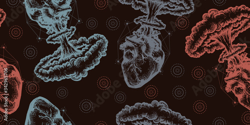 Nuclear explosion of anatomical heart. Seamless pattern. Packing old paper, scrapbooking style. Vintage background. Medieval manuscript, engraving art. Symbol of love, feelings, energy
