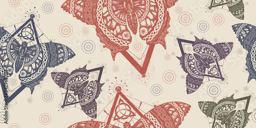 Celtic butterfly. Seamless pattern. Packing old paper, scrapbooking style. Vintage background. Medieval manuscript, engraving art. Mystical symbol of freedom, nature, tourism. Beautiful Swallowtail