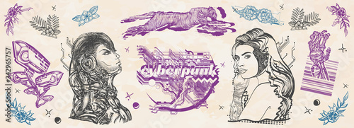 Cyberpunk. Old school tattoo vector collection. Dark future art. Cyborg, robot girl, web camera and running cheetah, glitch style. Traditional tattooing style