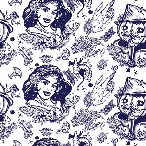 Halloween, one color seamless pattern. Dark fairy tale, retro background. Old school tattoo, gothic style. Witch woman, gypsy, crystal ball, Jack O' Lantern and occult hands