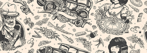 Criminal, old noir movie background. Gangsters. Retro crime seamless pattern. Boss plays saxophone, bandits weapons, croupier, pin up girl, casino, robbers. Traditional tattooing style