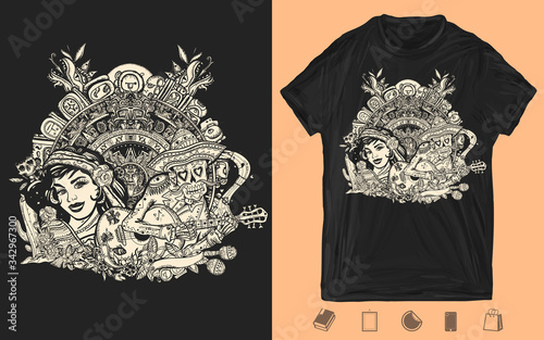 Mexican latin woman in ancient clothes, skeleton with guitar and sun stone. Mexican art. Love story. One color creative print for dark clothes. T-shirt design. Template for posters, textiles, apparels