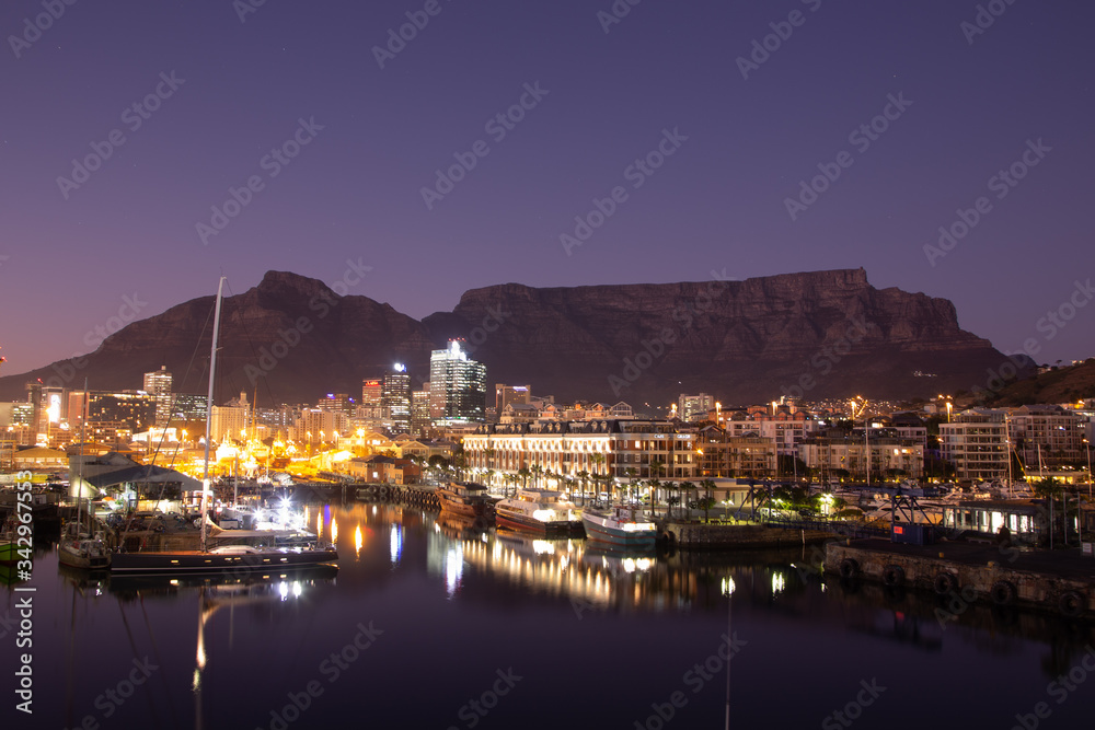View of Table Mountain at dawn from waterfront of Cape Town