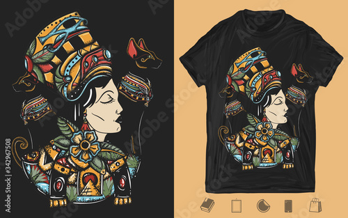 Ancient Egypt. Portrait egyptian queen Nefertiti and two black cats. Strong and independent woman. Creative print for dark clothes. T-shirt design. Template for posters, textiles, apparels