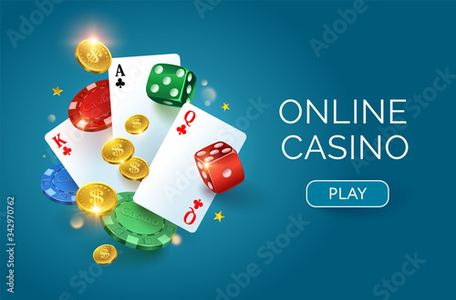 Casino on a blue background. Dice, gold coins, cards and chips. Vector horizontal illustration