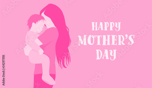 Mother s Day banner background pink flat simple vector illustration mother holding baby